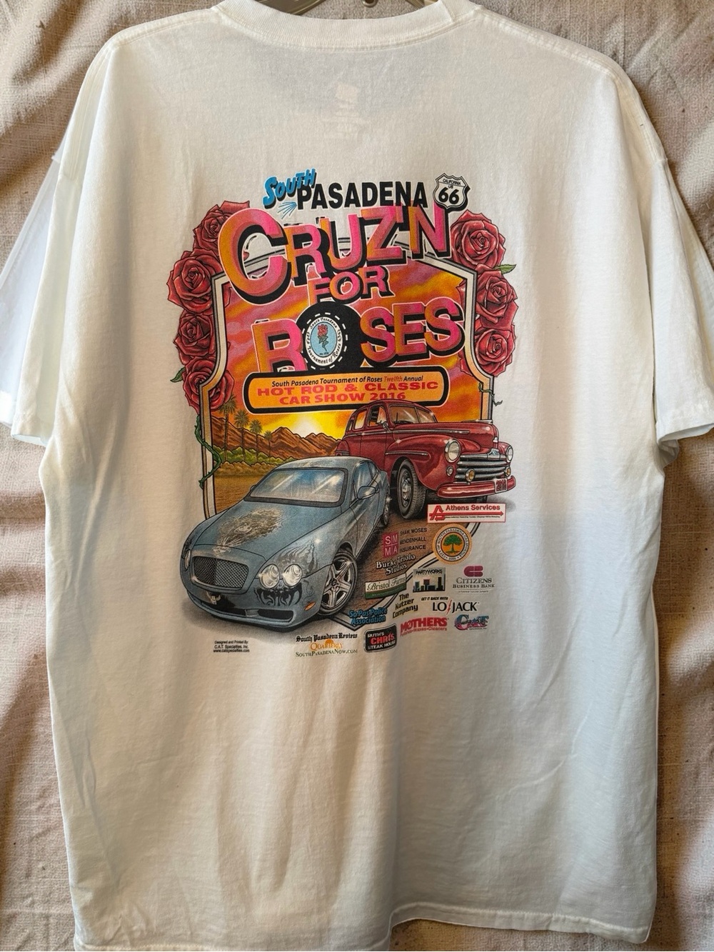 Rare 2016 Hanes White 'Cruzn for Roses' South Pasadena Graphic Tee Size XL